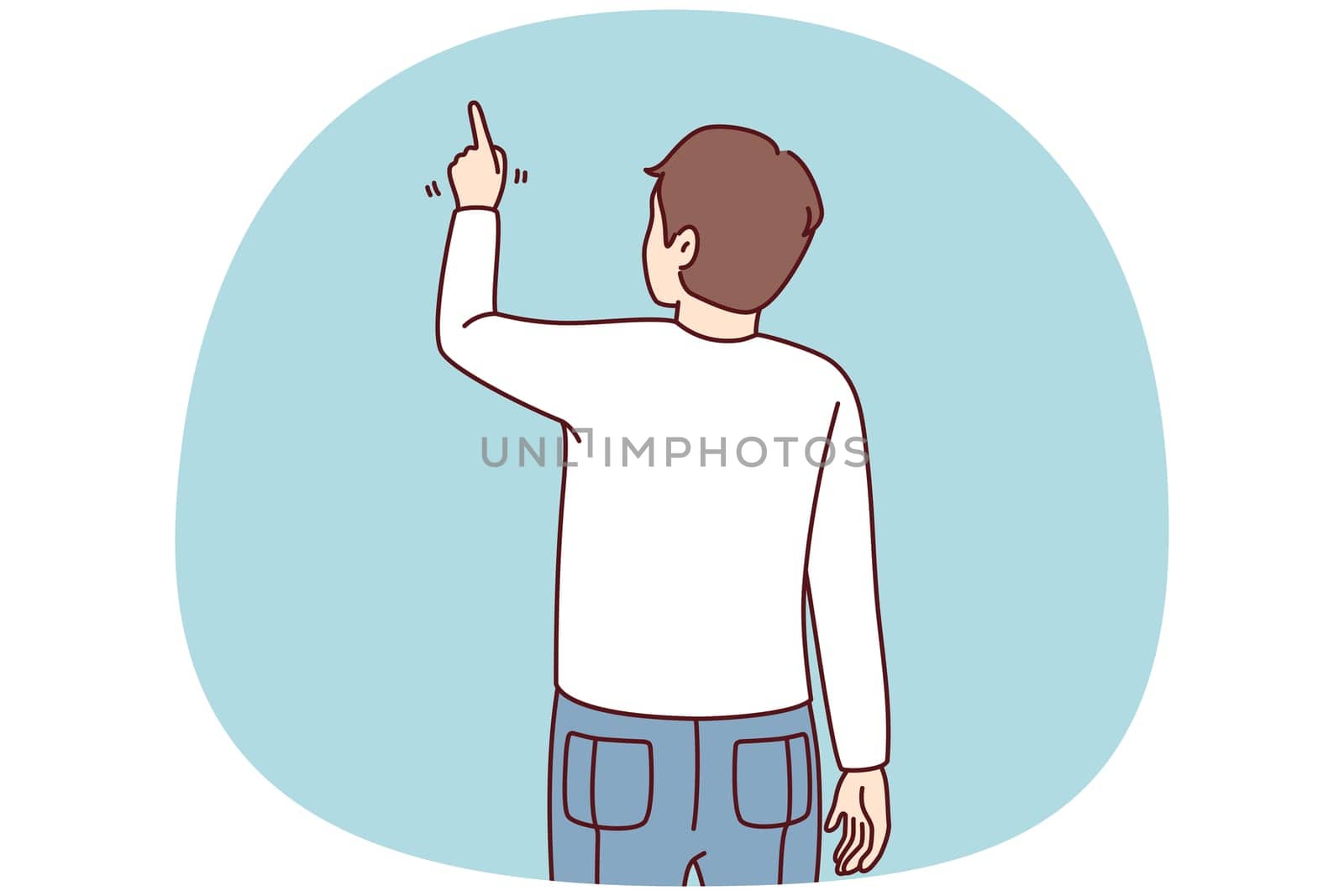 Back view of man pointing at wall with finger. Guy showing with finger on blank space. Vector illustration.