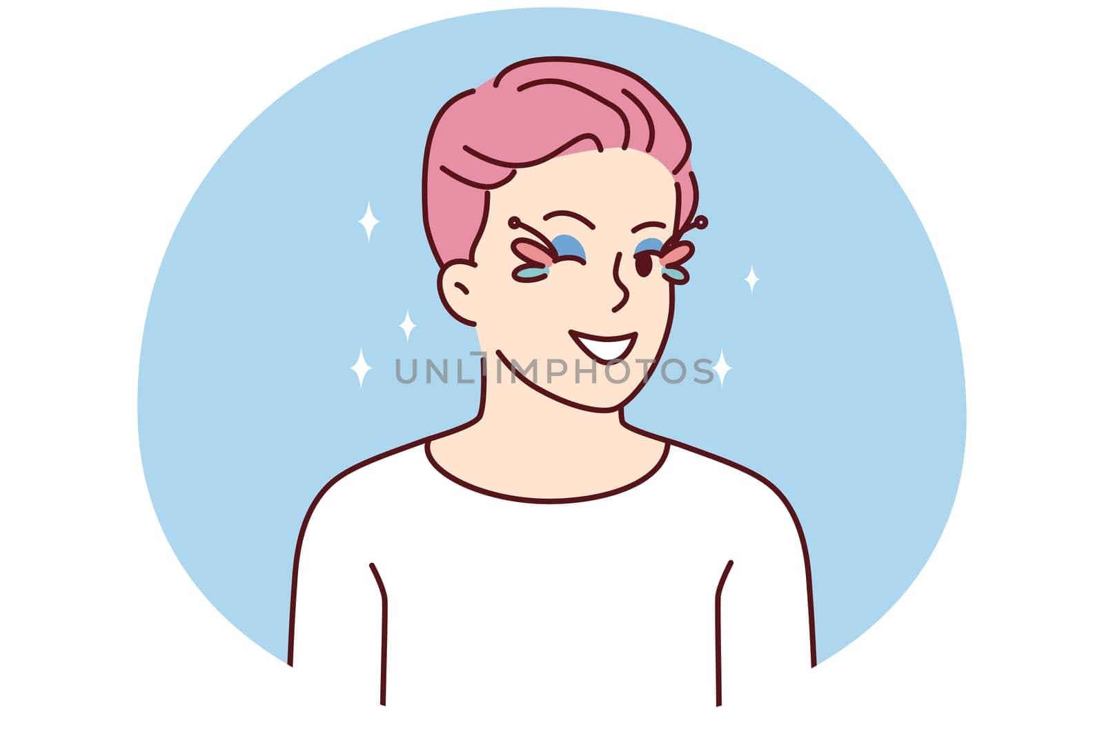 Homosexual man with pink hair and eye makeup wink at camera. Smiling gay guy with face make-up feeling optimistic and joyful. Vector illustration.
