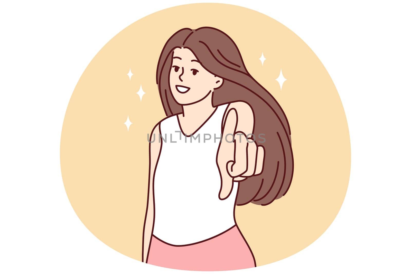 Smiling woman look at camera making hand gesture. Happy female point at screen make choice or decision. Vector illustration.