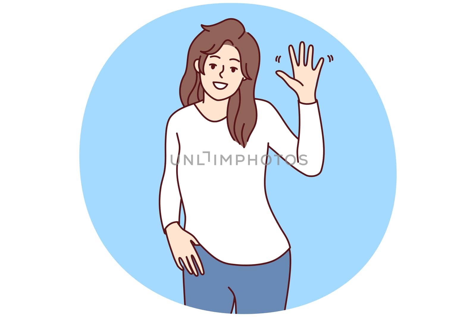 Portrait of smiling young woman wave with hand feeling overjoyed and optimistic. Happy female make hand gesture greeting or welcoming. Vector illustration.