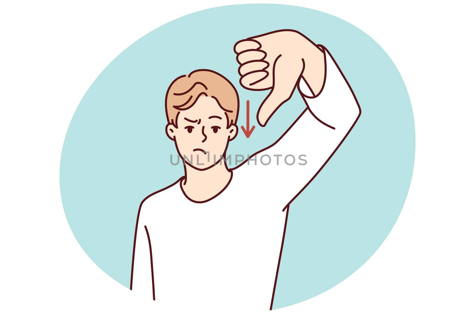 Unhappy man show thumb down dissatisfied with financial recession or money loss. Upset angry male dislike negative finance statistics. Vector illustration.