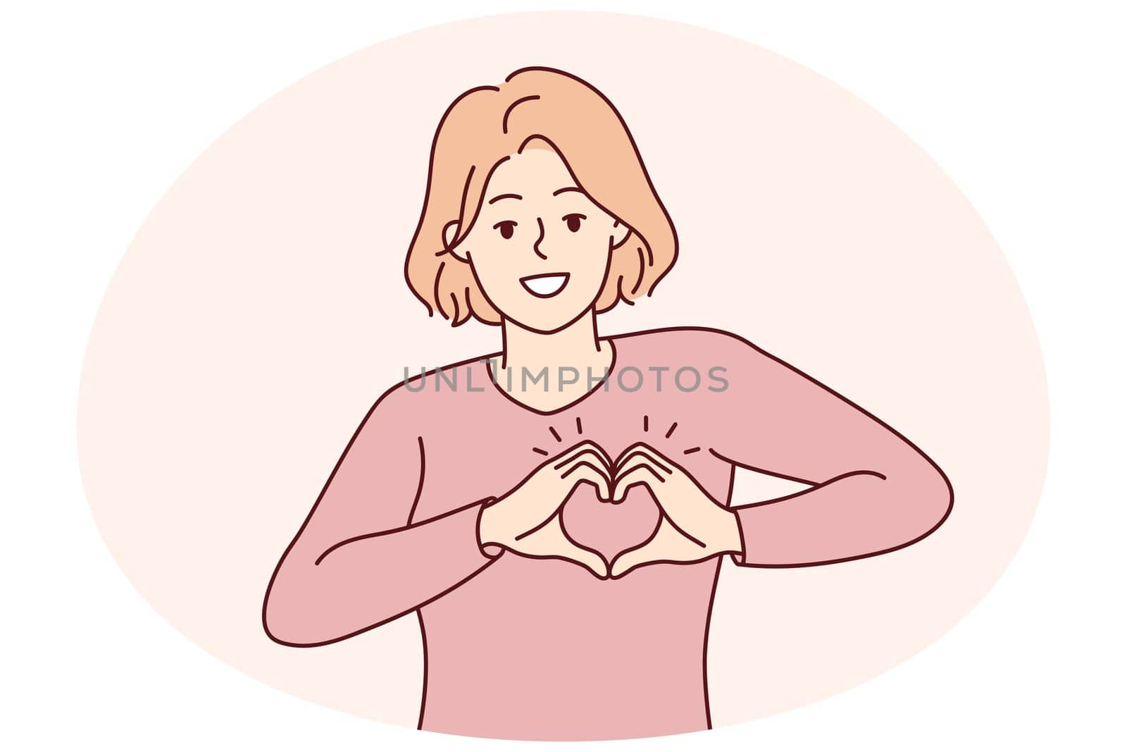 Smiling young woman show heart hand gesture at heart share care and affection. Happy girl demonstrate gratitude. Charity concept. Vector illustration.