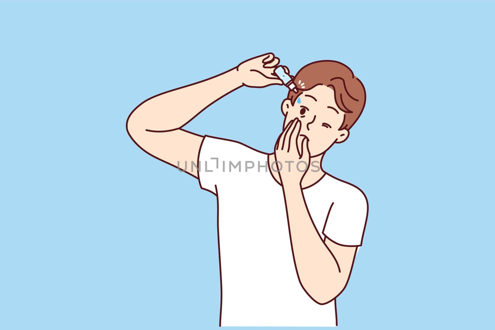 Man drips moisturizing liquid into eyes to improve vision or avoid drying out of retina. Guy uses eyes drops prescribed by ophthalmologist recommends preventive measures to combat blindness.