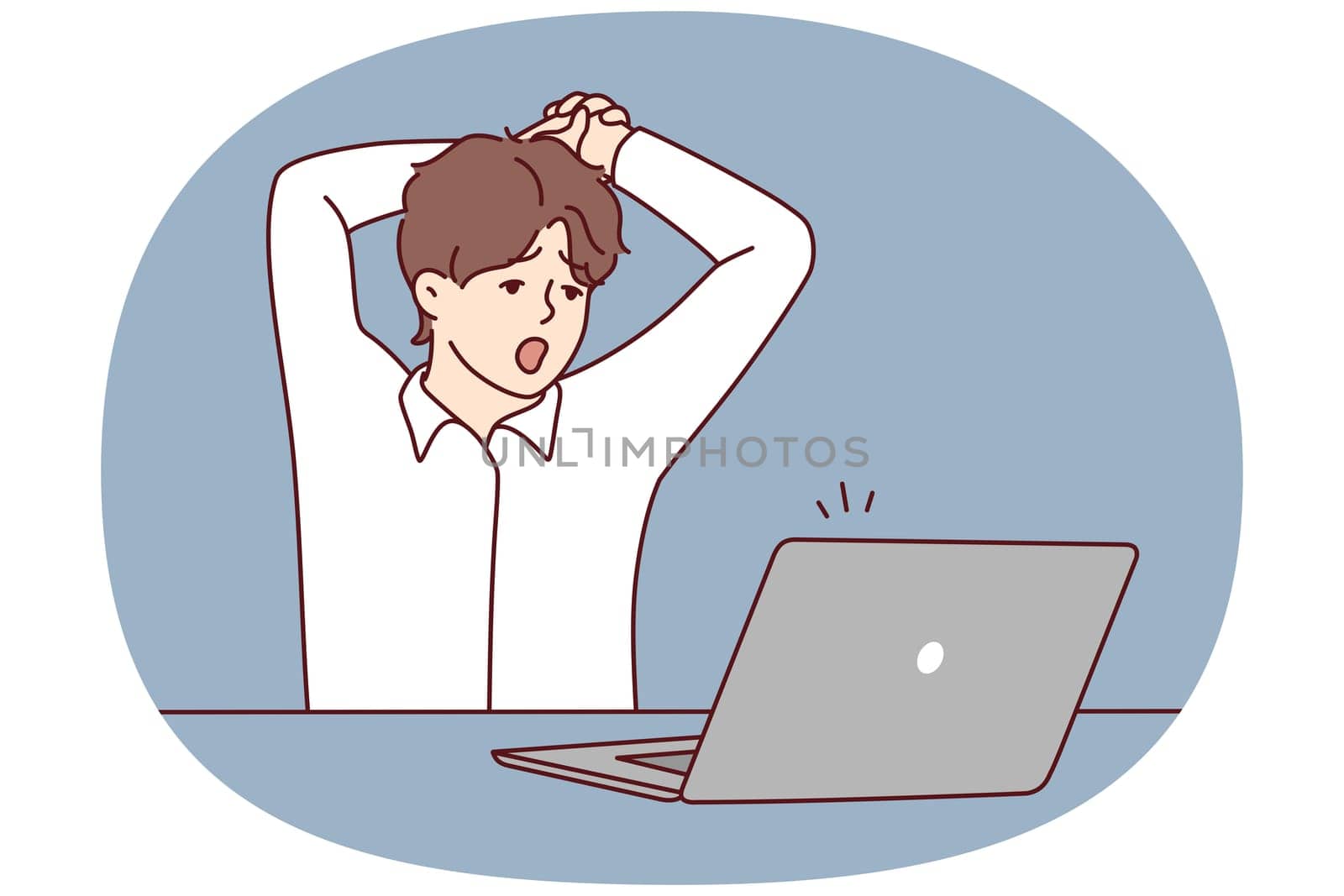 Tired man sit at table work on computer yawning. Exhausted male overwhelmed with laptop job in office. Overwork and fatigue. Vector illustration.