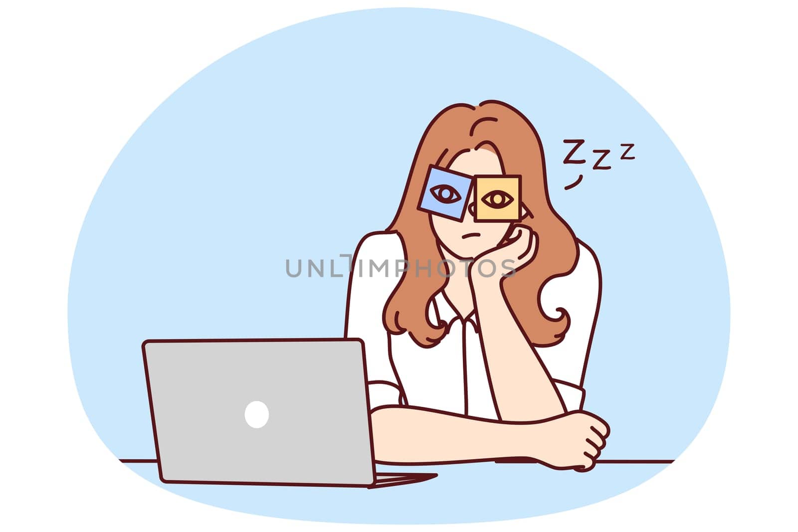 Exhausted young woman sit at desk work on computer overwhelmed with office job. Tired girl feel sleepy overwork at workplace. Fatigue concept. Vector illustration.