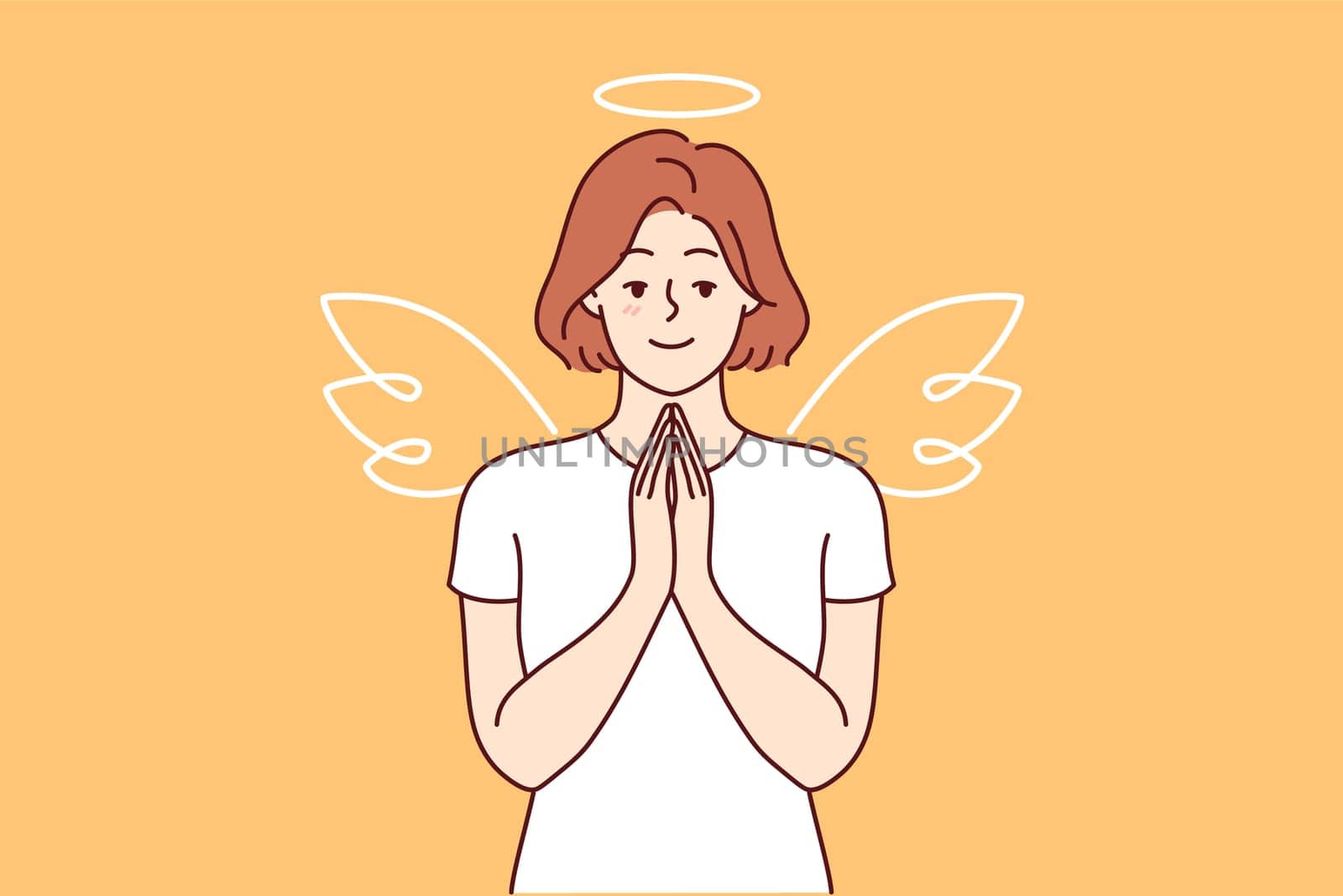 Woman with wings and angel halo stands making prayer gesture, calling on people to be kinder and more tolerant. Girl dressed as angel advertises charity fund supporting those in need.