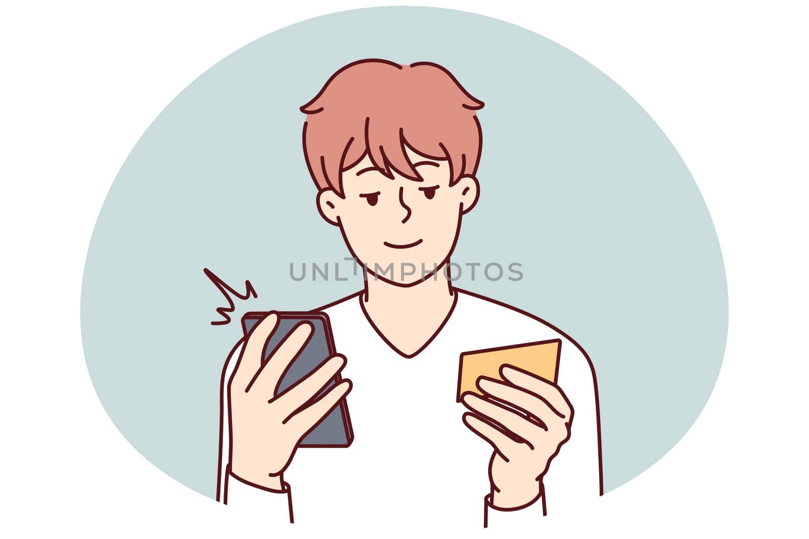 Happy young man paying online on cellphone with credit card. Smiling male shopping on internet on smartphone. Easy banking transaction. Vector illustration.
