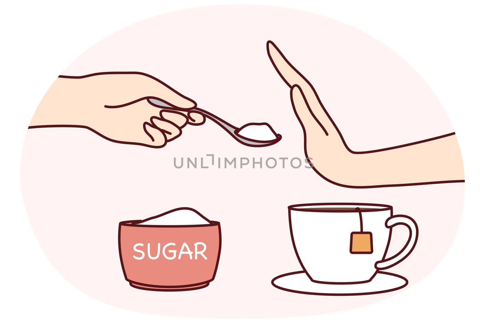 Person say no to sugar in tea or coffee. Man or woman make hand gesture refuse from sweet additives follow healthy lifestyle. Vector illustration.