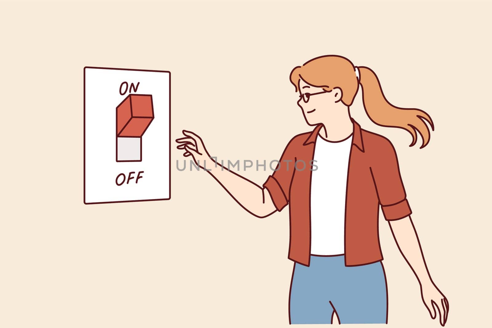 Woman turns off switch to save electricity and care for environment or avoid large utility bills. Concept of day without electricity to draw attention to problem of environmental pollution