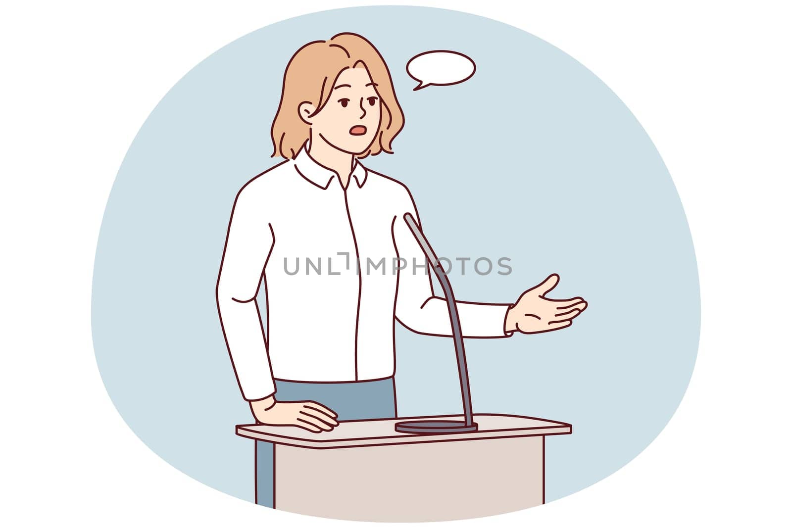 Successful businesswoman talk in microphone at business conference or seminar. Confident female boss or leader have speech or presentation for audience. Vector illustration.