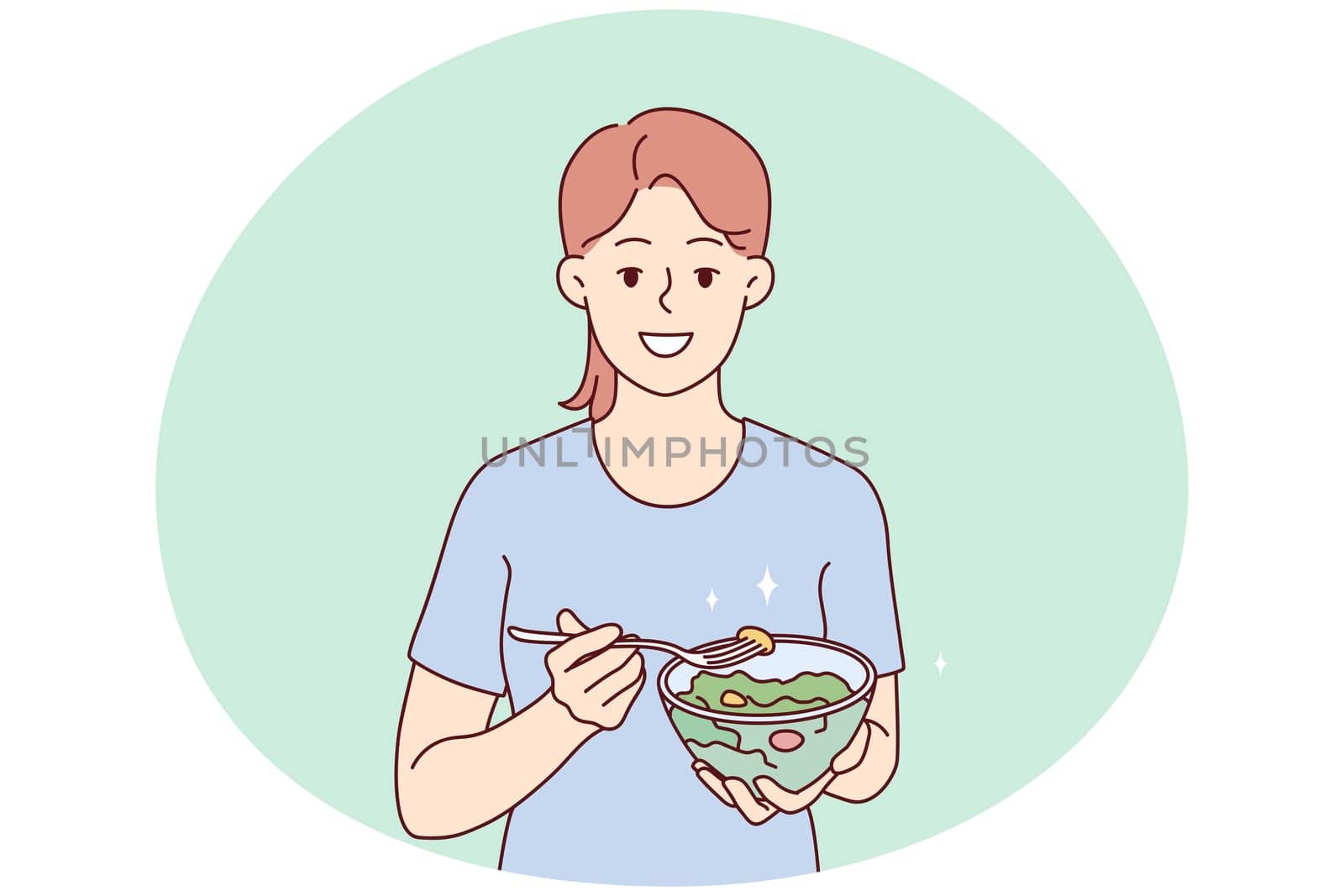 Smiling young woman eating healthy salad follow diet. Happy girl enjoy vegetable meal care about good habits. Nutrition and vegetarian lifestyle. Vector illustration.
