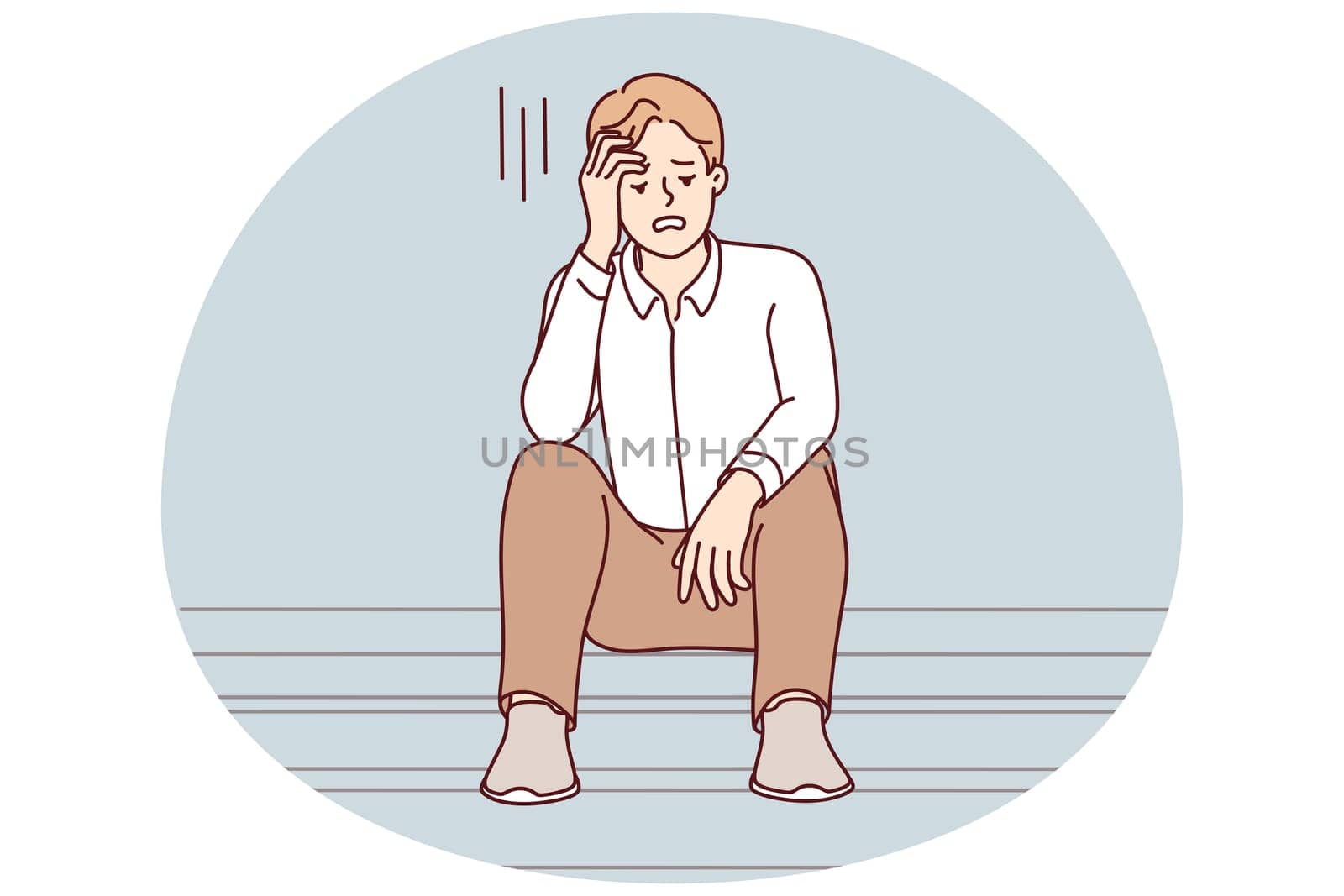 Unhappy young man sit on stairs feel distressed with job loss or failure. Upset male stressed with life or business problems, look for solution. Vector illustration.