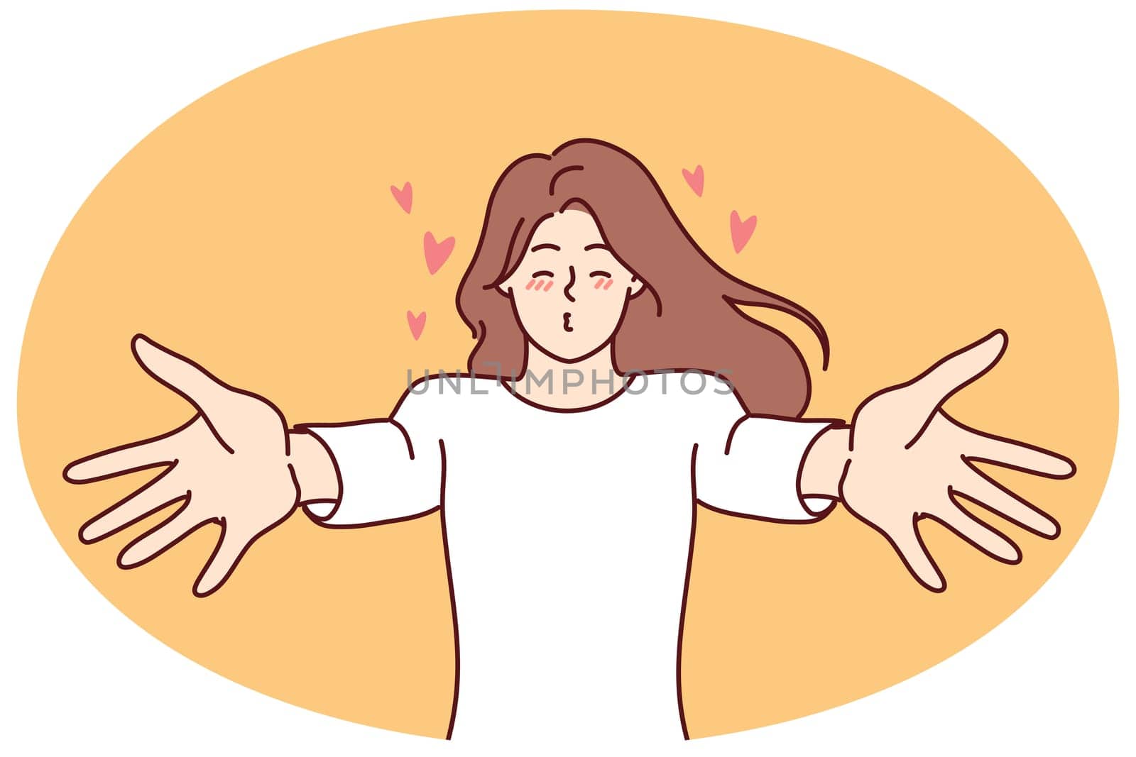 Happy young woman stretch arms waiting for love and kisses. Smiling girl share affection and feelings. Vector illustration.