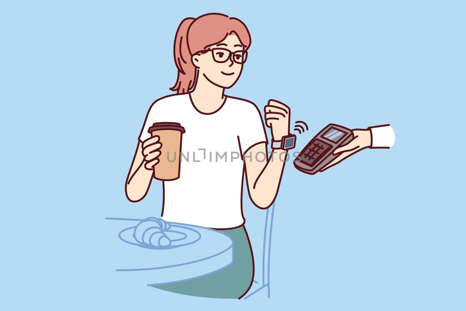 Woman makes contactless payment with smart watch, applying gadget with NFC chip to POS terminal in hand waiter from cafe. Girl has breakfast in restaurant and drinks coffee, making payment