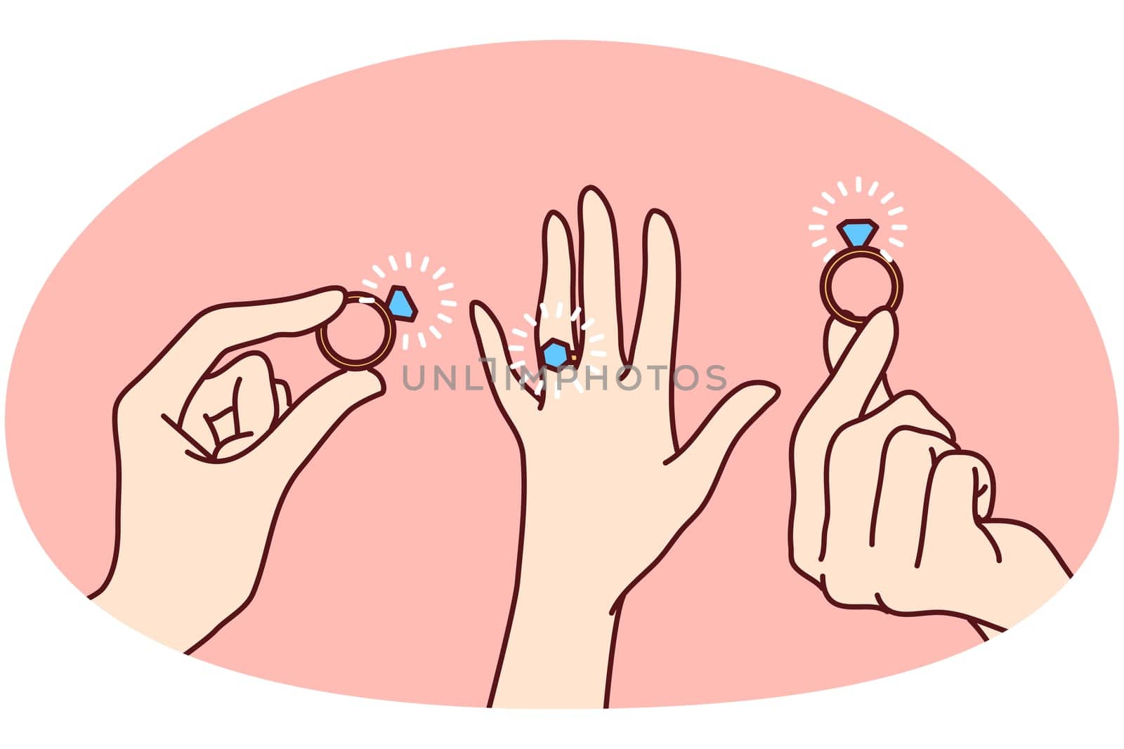 Set of woman hands with engagement ring on finger. Collection of girl palm with wedding jewelry. Marriage and proposal. Vector illustration.