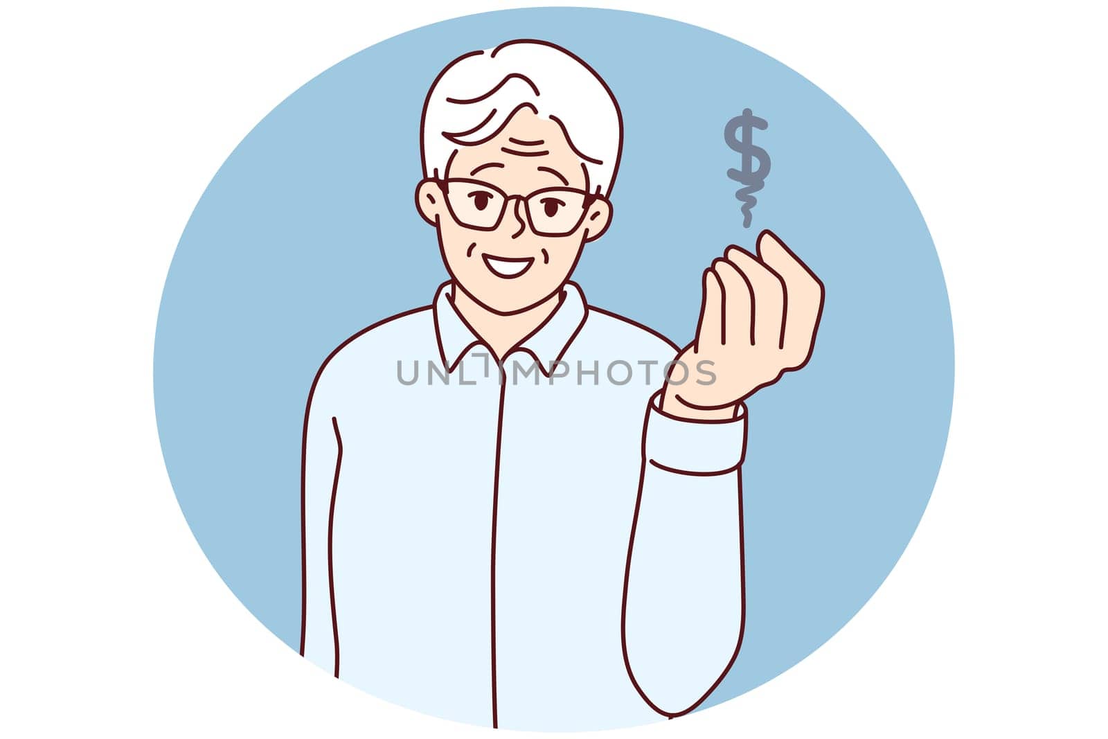 Elderly man showing dollar sign saving money for future. Smiling mature grandfather make money investments gain from rates. Banking and finances. Vector illustration.
