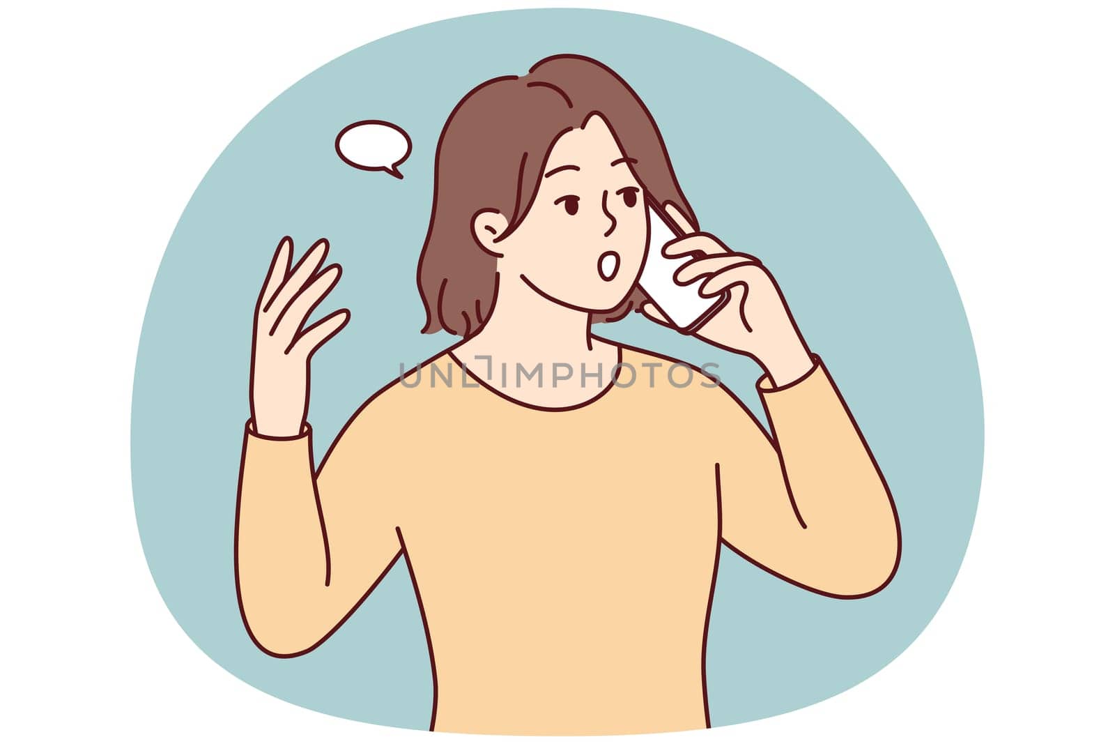Young woman talking on cellphone shocked with unexpected news. Female have smartphone call surprised with message. Vector illustration.