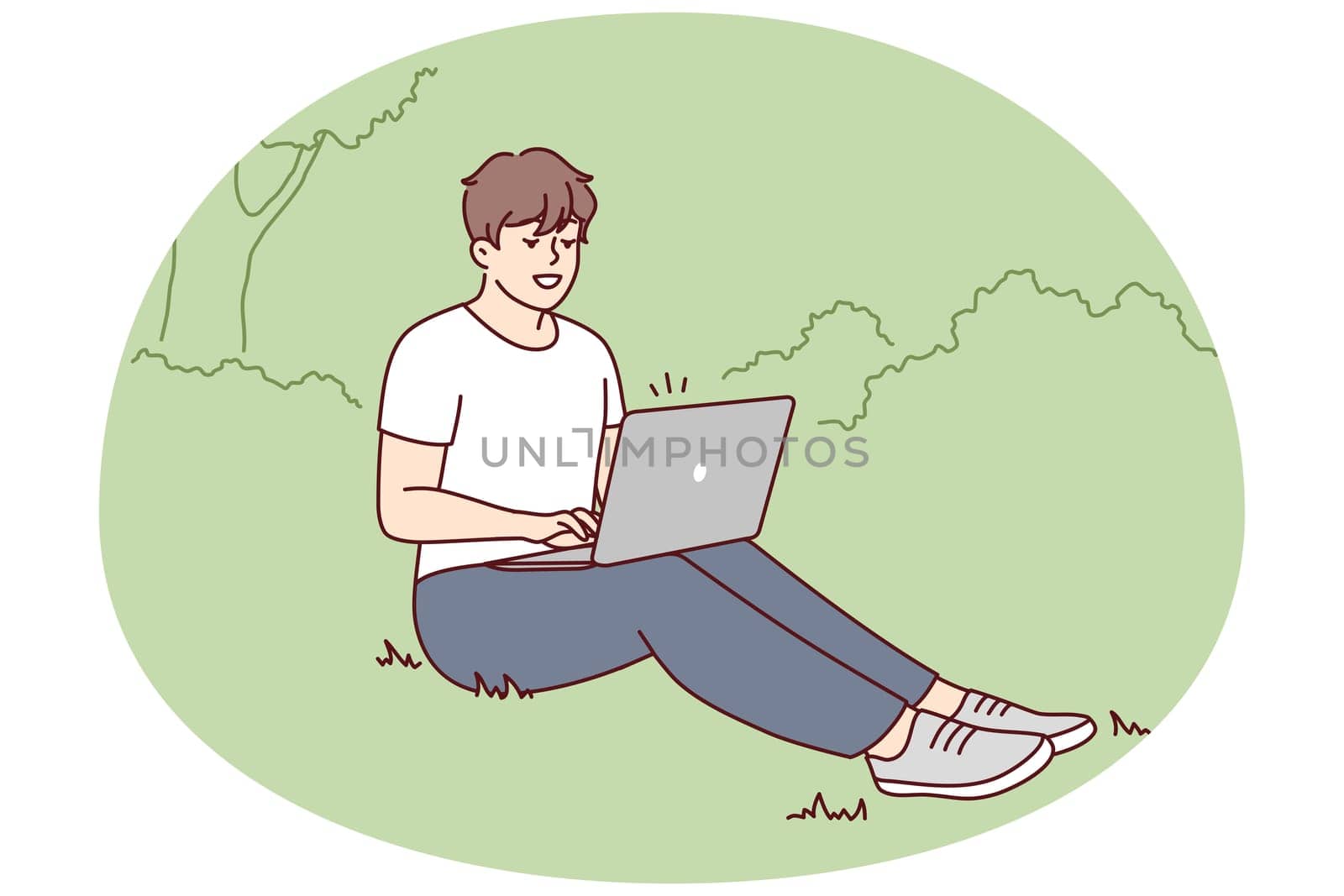 Smiling young man sit on ground in park working on laptop. Happy male freelance type on computer outdoors. Remote job or education. Vector illustration.