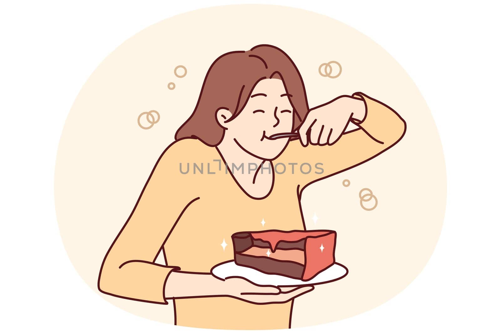 Hungry young woman eating cake suffer from eating disorder. Happy girl enjoy chocolate dessert. Guilty pleasure. Vector illustration.