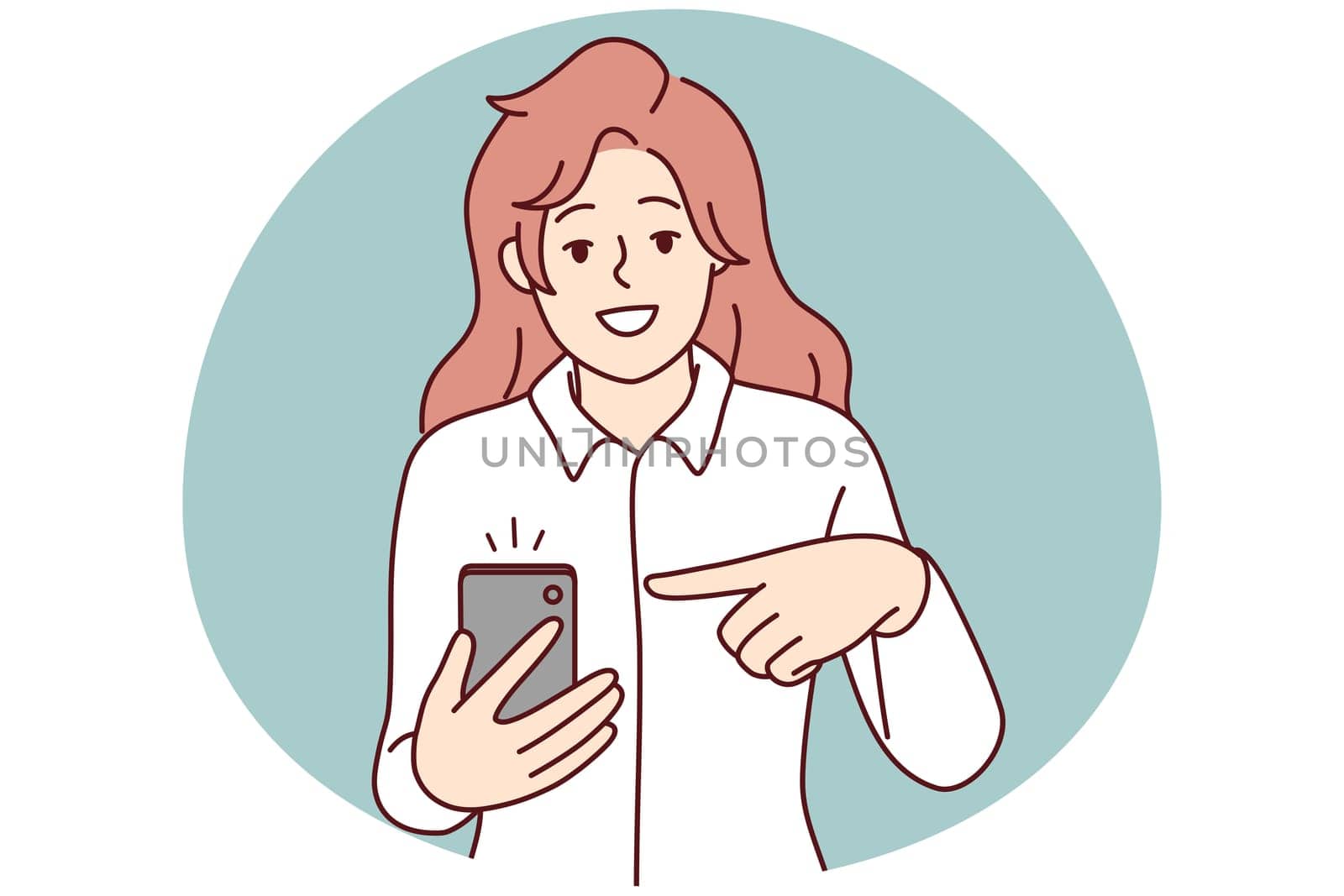 Smiling woman point at notification on cellphone screen. Happy female recommend good sale deal or offer on mobile phone. Vector illustration.