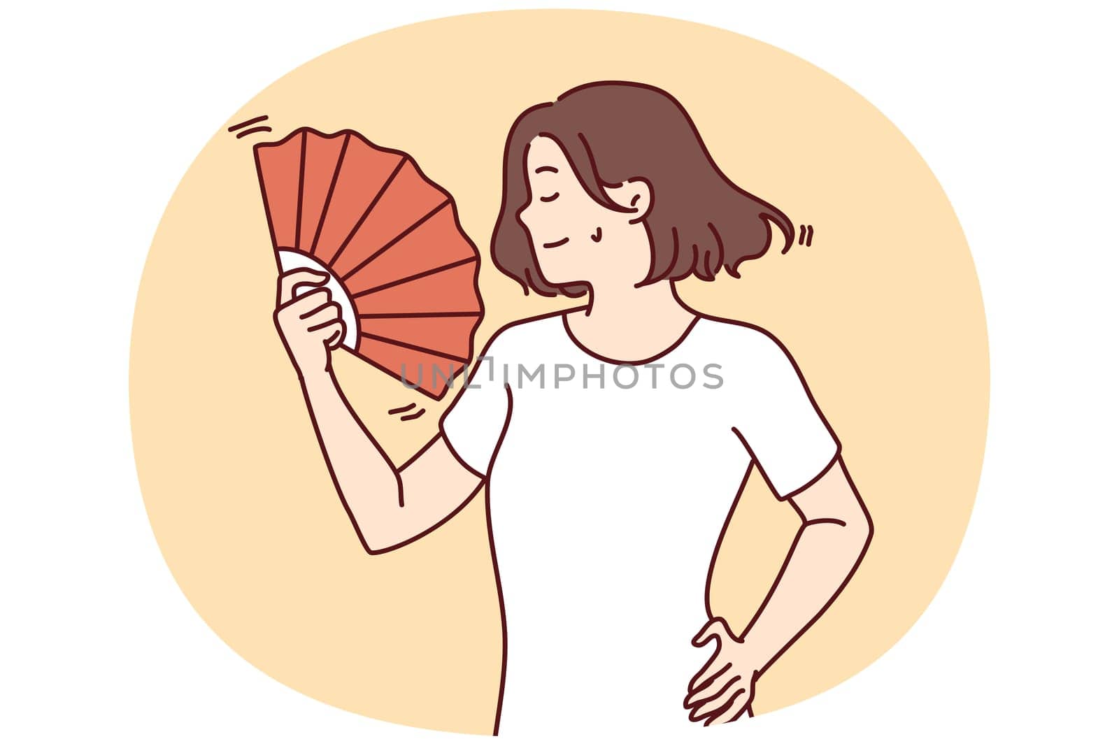 Young woman suffer from hot weather wave with hand fan. Unwell female struggle with heatstroke use waver for fresh air. Vector illustration.