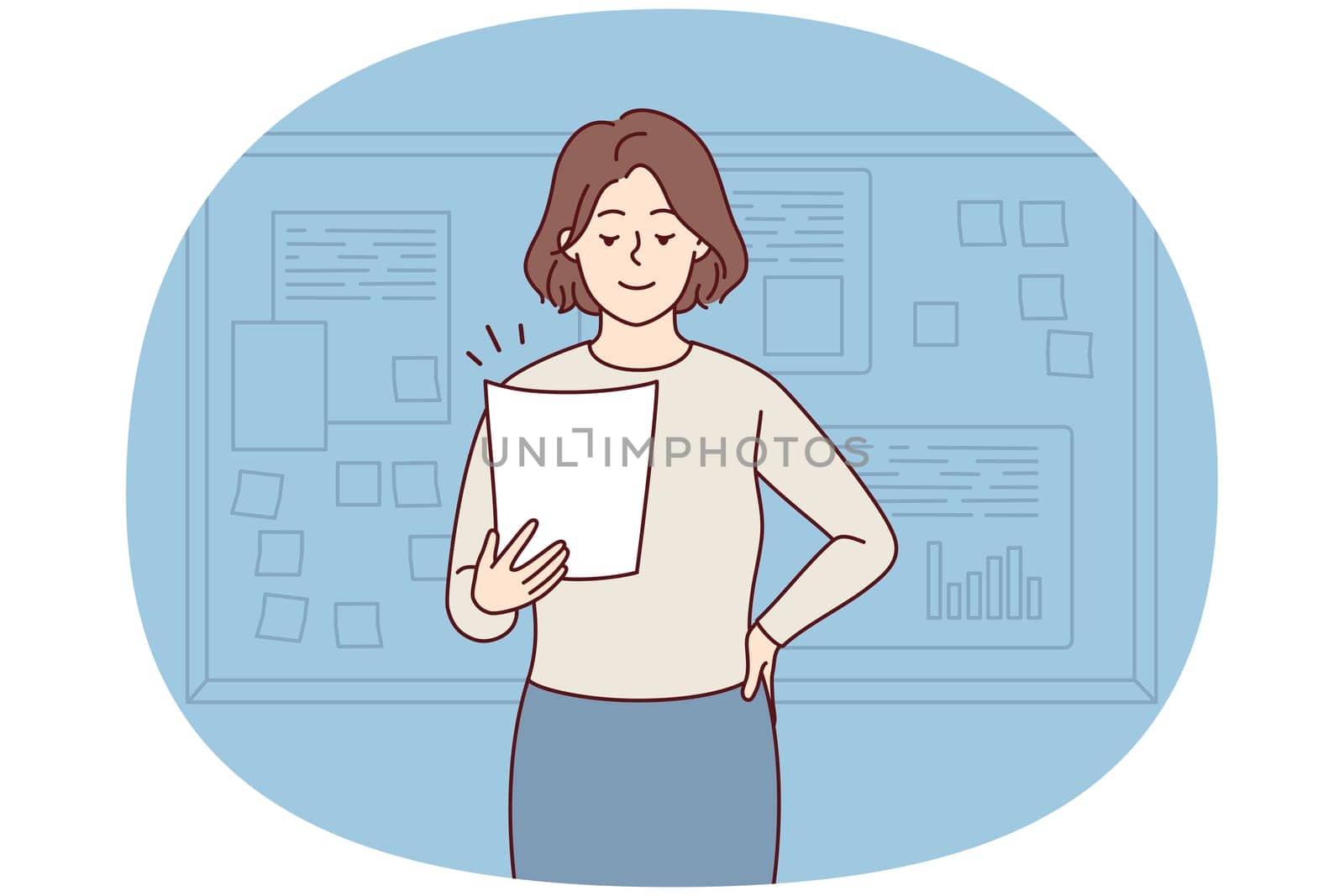 Smiling businesswoman holding paper work stand near board making presentation. Happy female boss present business project in office. Vector illustration.