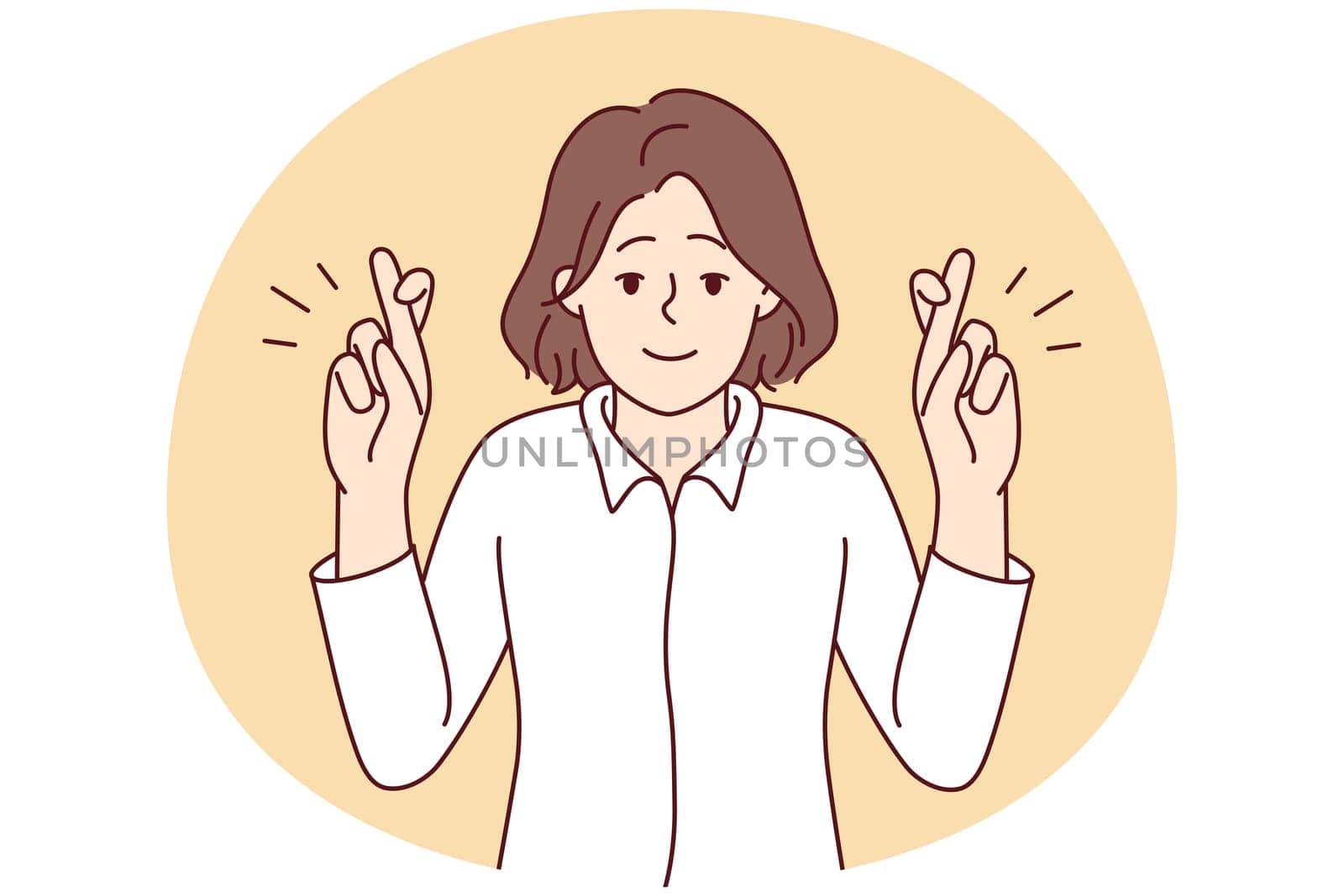 Smiling young woman cross fingers make wish. Happy female do hand gesture ask or hope for best. Vector illustration.