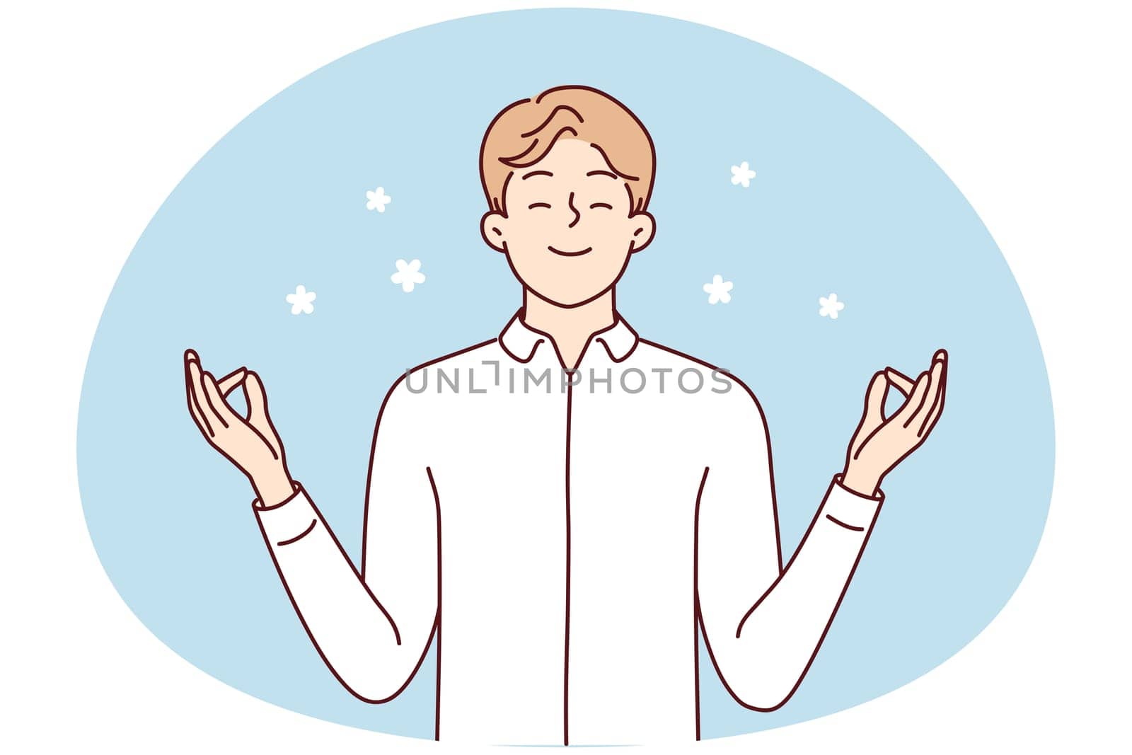 Happy young man with mudra hands meditate relieve negative emotions. Smiling calm male practice yoga think positive. Mental health concept. Vector illustration.