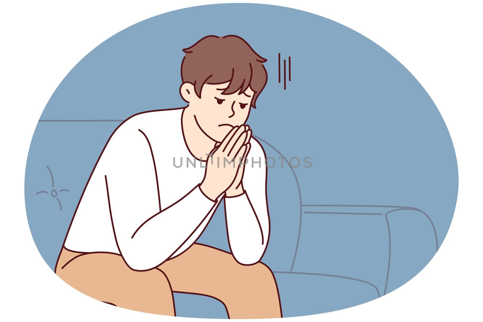 Unhappy young man sit on sofa thinking worrying about life problem. Upset stressed male on couch at home distressed and broken. Vector illustration.