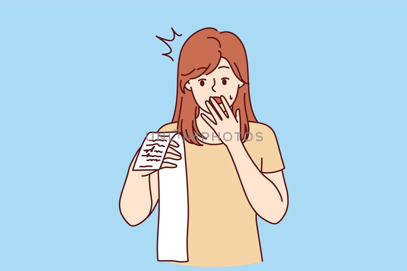 Shocked woman holds receipt with purchase price and is amazed at size of prices and rise in inflation. Surprised girl with paper check feeling stressed due to inflation caused by financial crisis