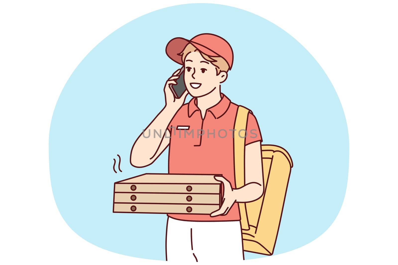 Happy young male deliveryman with pizza boxes calling client on cellphone. Smiling man courier deliver order to customer. Vector illustration.