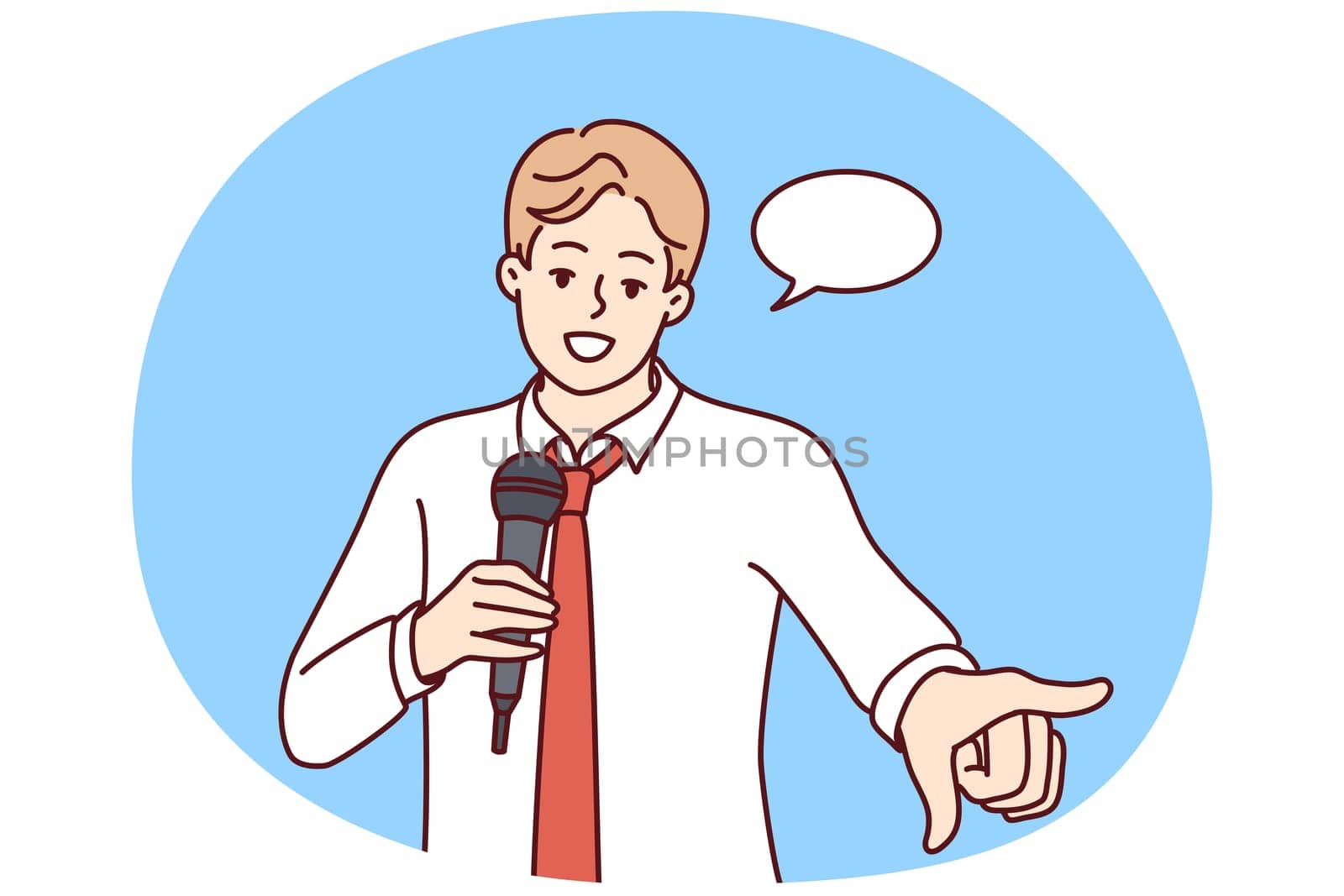 Young confident man with microphone make speech in front of audience. Smiling male speaker or coach with mic talk or make presentation. Vector illustration.