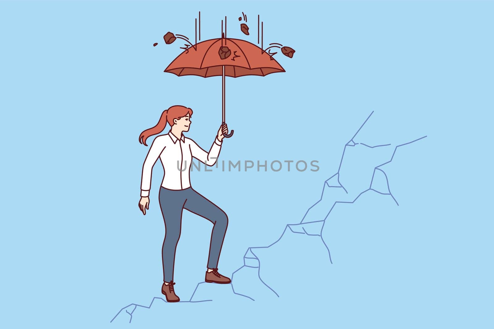 Business woman climbing cliff using umbrella to protect herself from falling stones, for concept of career ambitions. Girl strives for success and achieving goals when creating own business
