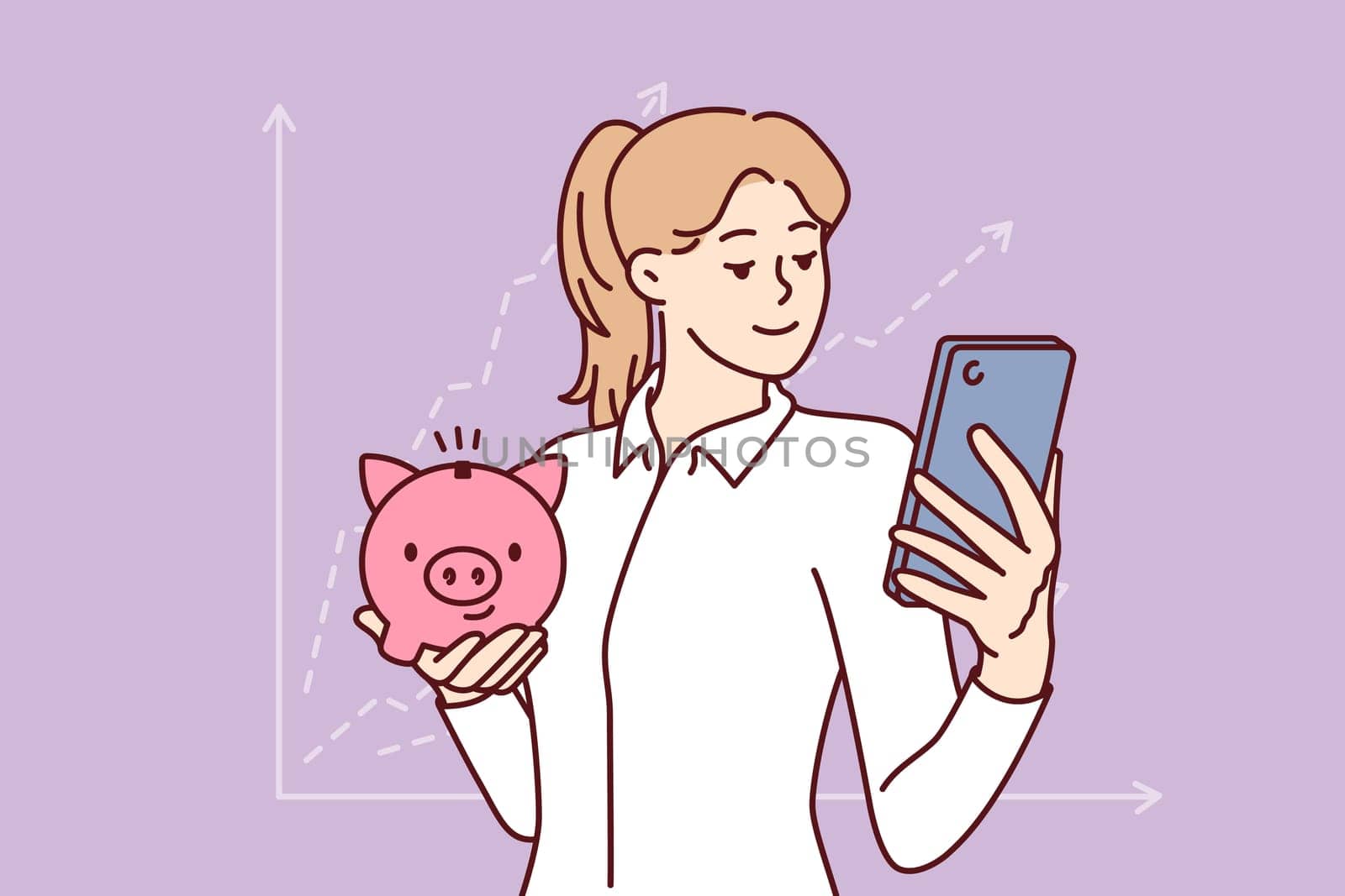 Woman accountant with piggy bank and phone is standing near financial chart calling to start investing. Girl accountant conducts audit of savings and monitors amount of dividends through smartphone