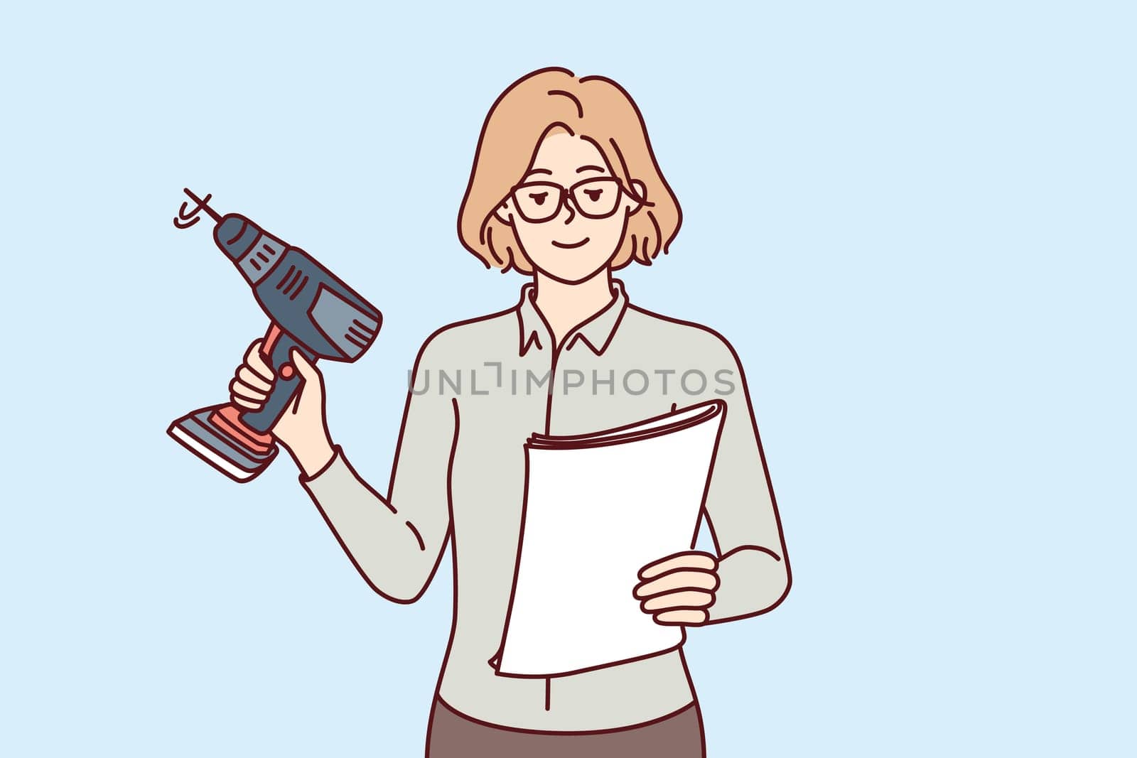 Woman with electric screwdriver holds manual with instructions for self-assembly of furniture. Girl with screwdriver wants to DIY assemble cabinet or table and reads documentation from manufacturer
