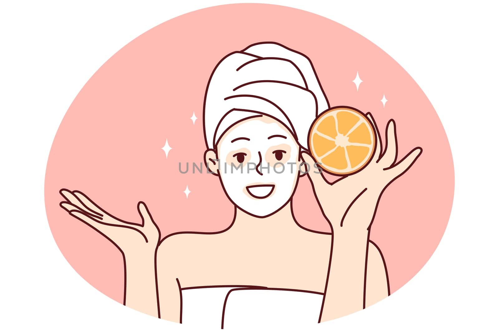 Smiling woman in towel and bathrobe do facial beauty procedures in spa. Happy girl enjoy face skincare procedures at home. Cosmetology concept. Vector illustration.