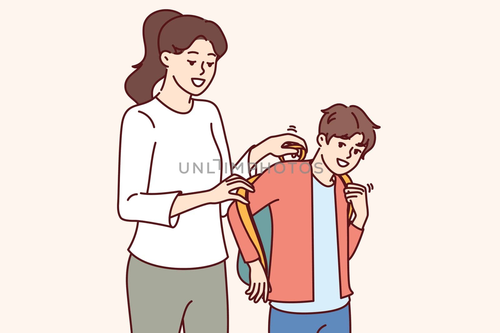Mother helps son get ready for school and put on backpack with textbooks and office supplies. Schoolboy prepares for september 1 and hurries to school with smile, wanting to get quality education