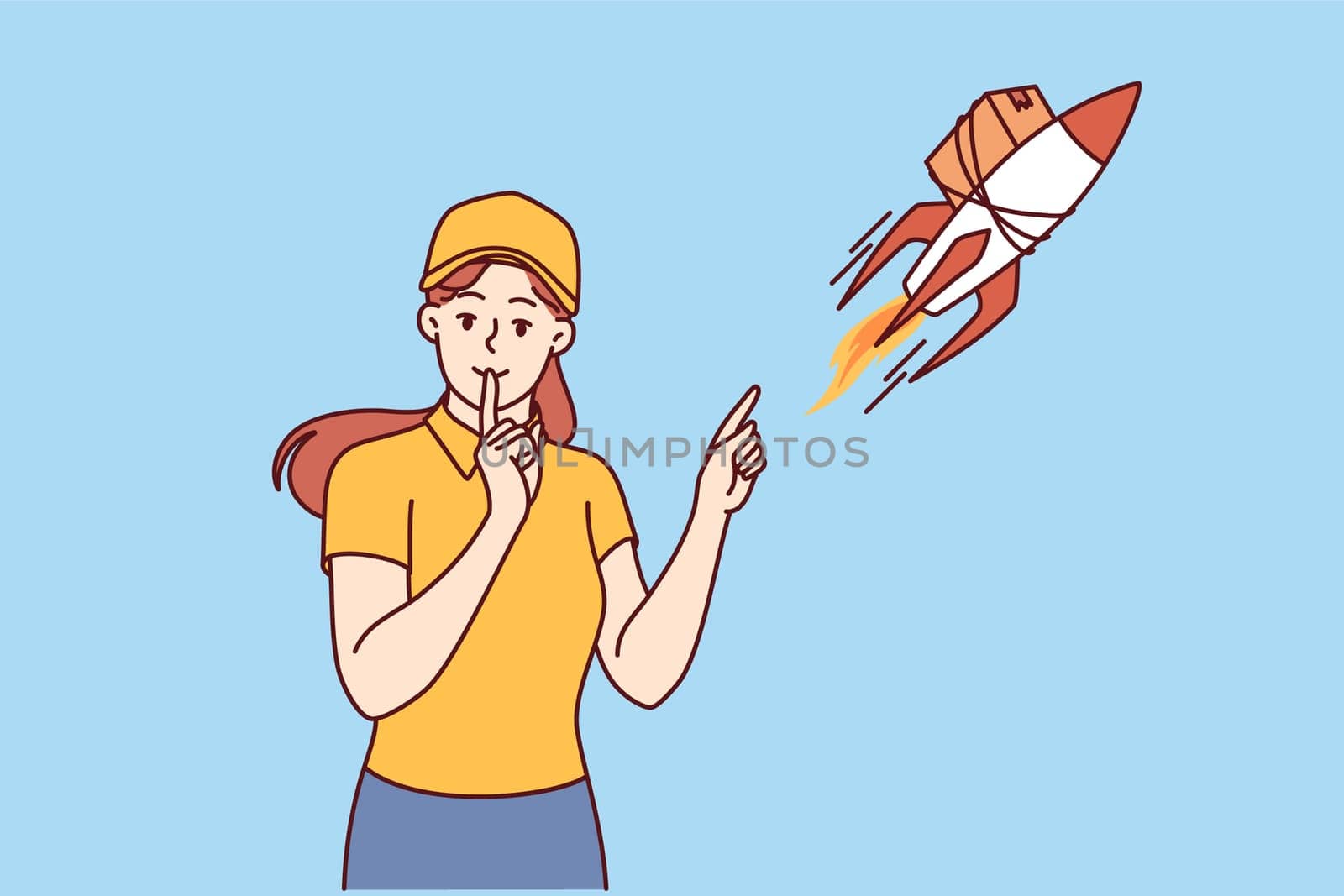 Woman courier near rocket with package puts finger to mouth offering express delivery services. Girl from courier service promises to quickly deliver goods thanks to well-functioning logistics chains