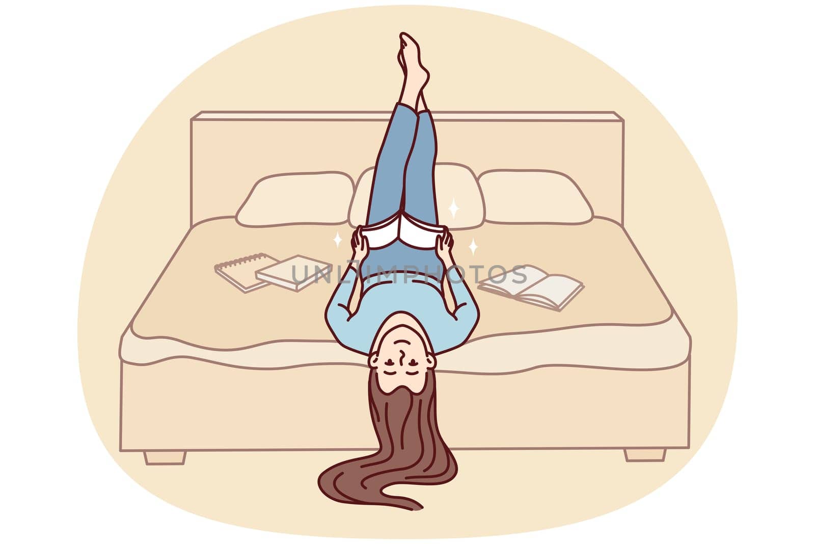 Happy girl lying on bed at home reading book. Smiling woman relax in bedroom enjoying literature. Education and bookworm. Vector illustration.