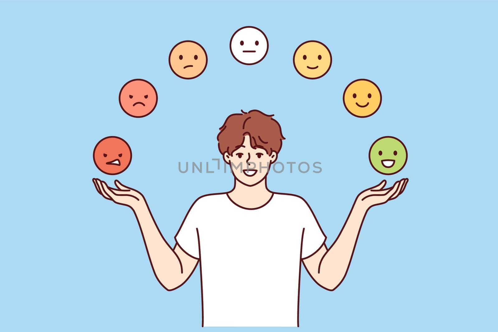 Man is trying to maintain emotional balance by juggling emoticons with positive and negative emotions. Guy develops emotional balance to avoid psychological turmoil and stress or depression