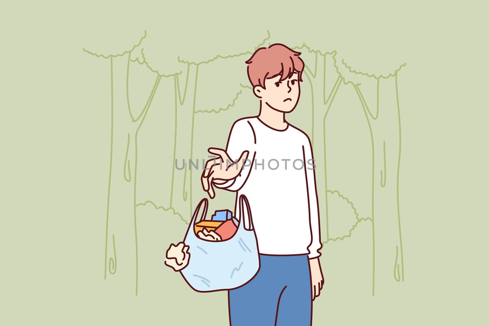 Man throws out bag of garbage in wrong place, polluting nature and showing lack of consciousness. Bad guy polluting ecology with plastic waste and littering with unrecyclable rubbish forest or park