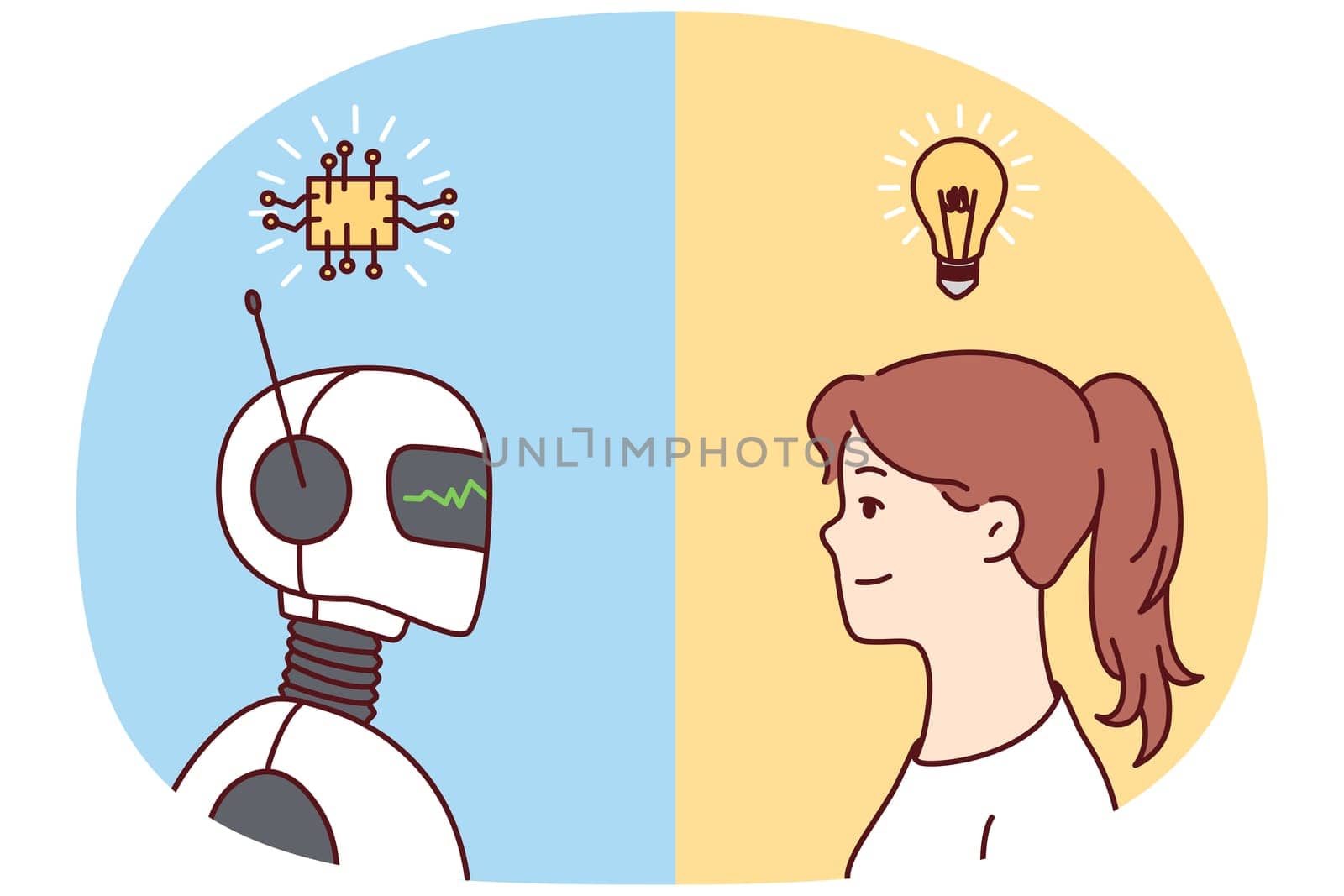 Young woman with lightbulb above head and robot exchange thoughts generate ideas. Concept of artificial intelligence and human intellect. Vector illustration.