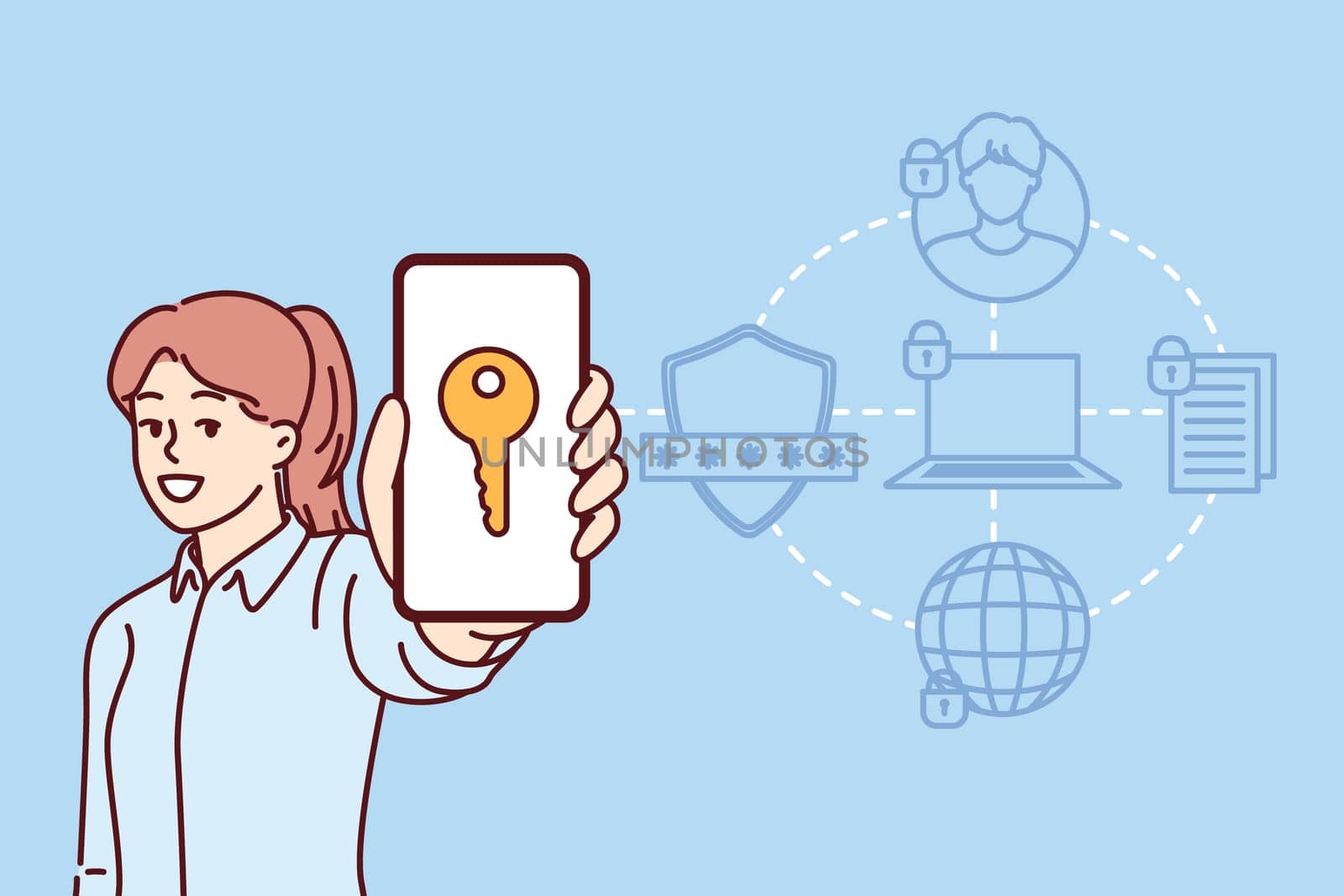 Woman demonstrates phone with key symbolizing cloud software protected by IT antivirus or firewall. Successful girl manager of hosting provider or IT company providing cloud server services