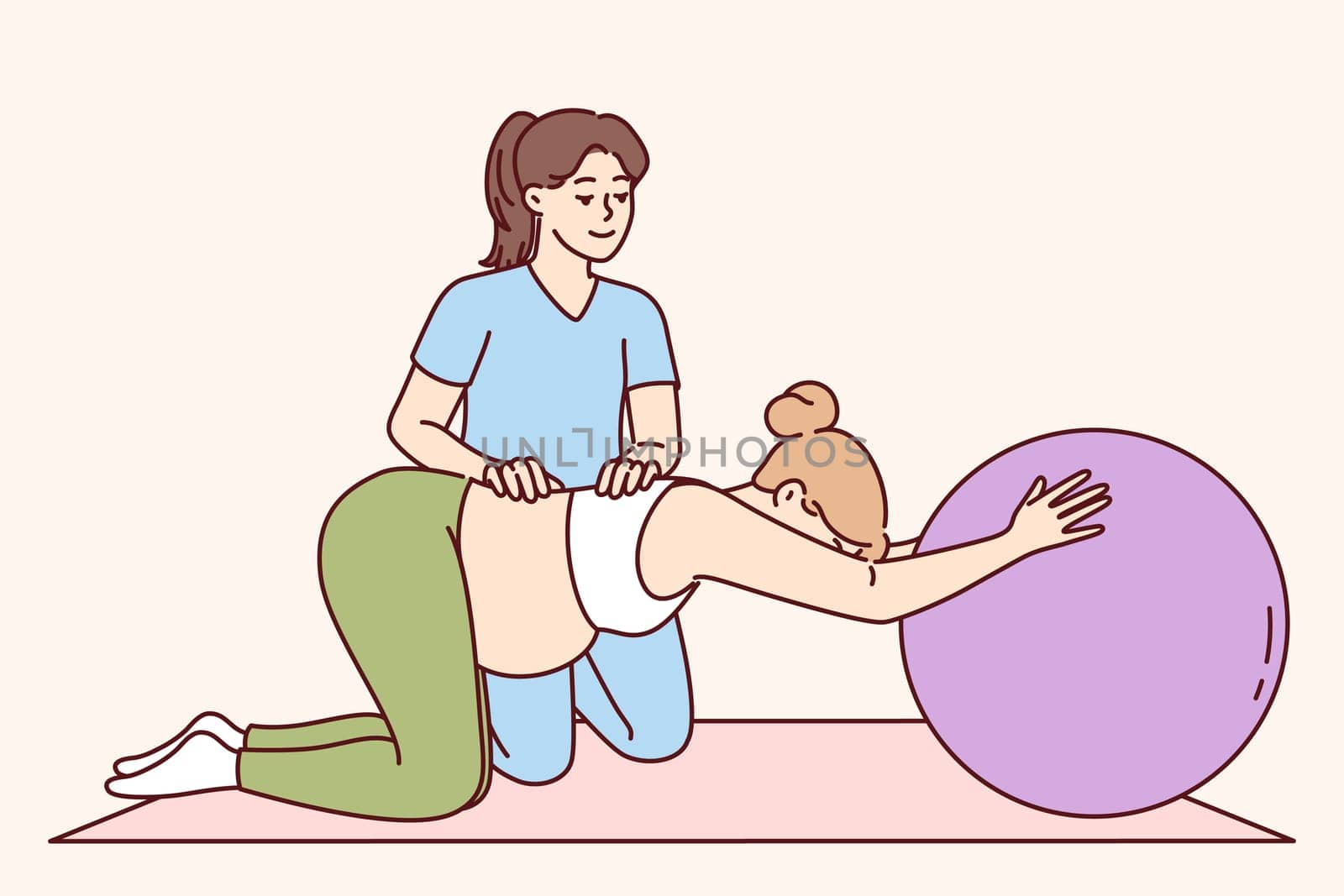 Gymnastics for pregnant women and physical exercise under supervision of physiotherapist to help prepare for childbirth. Pregnant girl doing pilates with big rubber ball to keep health in good shape
