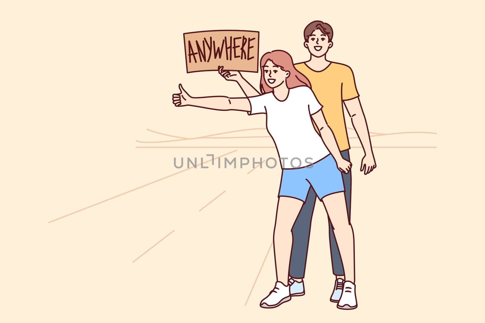 Man and woman hitchhike and catch car standing at road, holding inscription anywhere in hands. Carefree couple went on hitchhike trips, in search of adventure and new positive emotions.