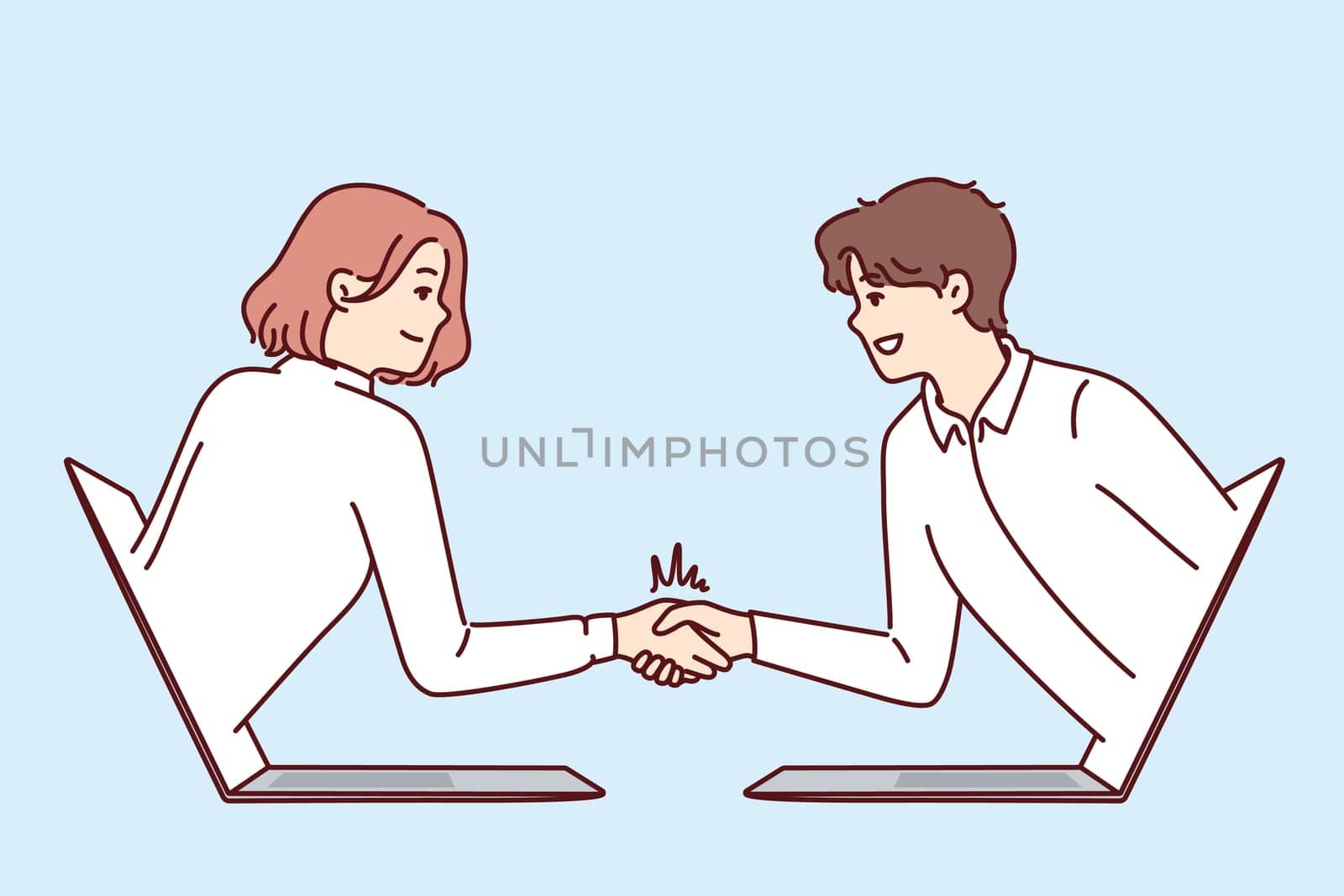 Handshake of business people leaning out of laptop and making remote negotiations via internet connection. Handshake of man and woman working in large corporation and making video call