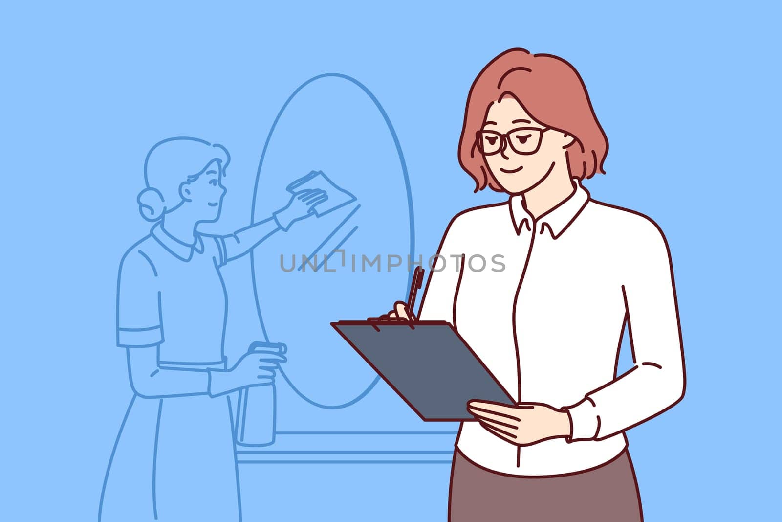 Housekeeping service supervisor woman holding clipboard supervising maid cleaning in hotel room. Housekeeping company manager fills in cleaning checklist and monitors quality of housemaids work