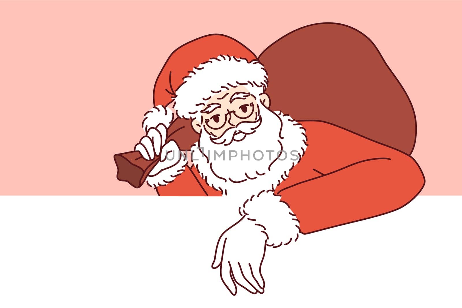 Santa claus with bag of christmas gifts leans on white banner and looks at screen inviting to new year party. Santa claus with gray beard and mustache congratulates on winter holidays
