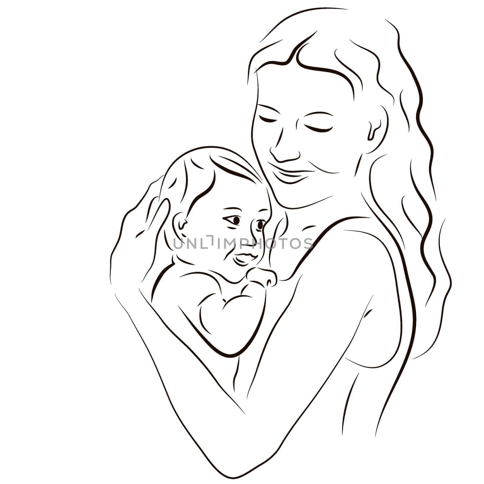 Hand drawn silhouette of mother and a baby