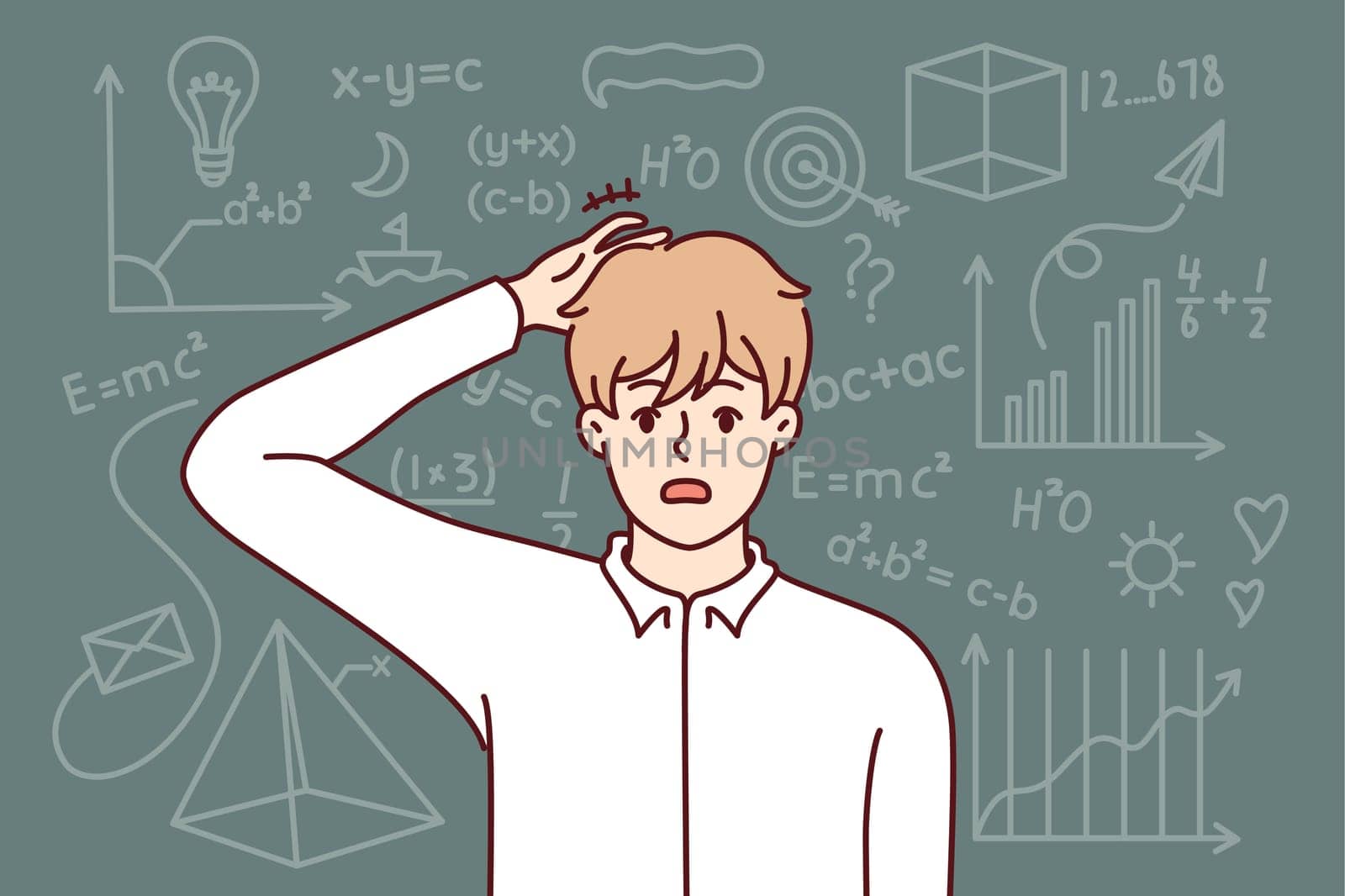 Embarrassed guy student studying mathematics, scratching back of head standing near school chalkboard after making mistake. Stupid male student failed to prove mathematical theorem and pass exam